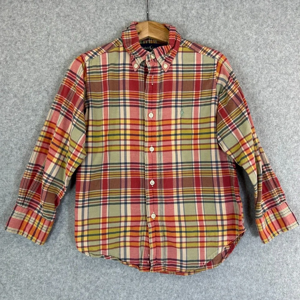 Ralph Lauren Long Sleeve Plaid Button Front Shirt Collared Red Green Boys Size 4